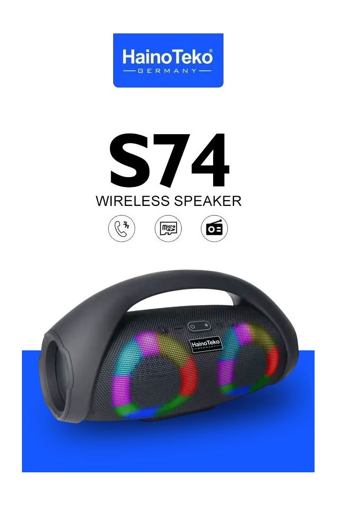 Haino Teko Germany S74 Wireless Portable Bluetooth 5.1 Speaker Black Compact Mini Bluetooth Speaker with 5W Bass Sound Rechargeable Battery USB AUX MicroSD Support FM Radio Carry Strap Ideal for Travel Outdoor Home Loud Portable Wireless Speaker - Image 1