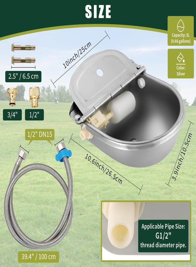 FLKQC Automatic Animal Drinking Water Bowl, 304 Stainless Steel Livestock Waterer with Float Valves, 39" Pipe Hose, 1/2" to 3/4" Adapter, Water Trough for Dog, Horse, Goat, Pig, Cow - Image 2