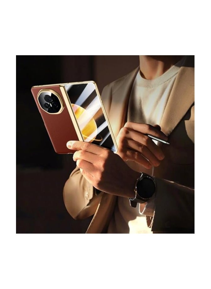 General - Compatible with Honor Magic V3 Electroplated Frame Magnetic Hinge Protection Grain Leather Case with Lens Holder Privacy Screen Protector For Magic V3 - Image 1