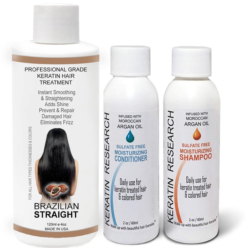 KERATIN RESEARCH The Real BRAZILIAN STRAIGHT Keratin Blowout Complex Hair Treatment Kit Pro Grade Organic Natural Results Straighten & Smooth Any Hair Type Color Or Condition Keratina Brasilera Tratamiento (120ml kit) 