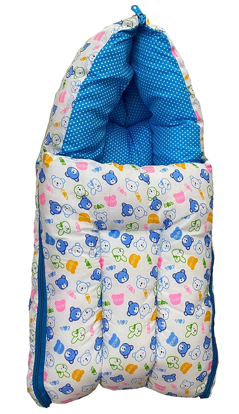 Infans Mini Teddy Mega 3 in 1 Babys Cotton Bed Cum Carry Bed Printed Baby Sleeping BagBaby BedInfant Portable for Unisex Easily PortableLight Weight Carry for New Born 48 Months OldBluishWhite - Image 1
