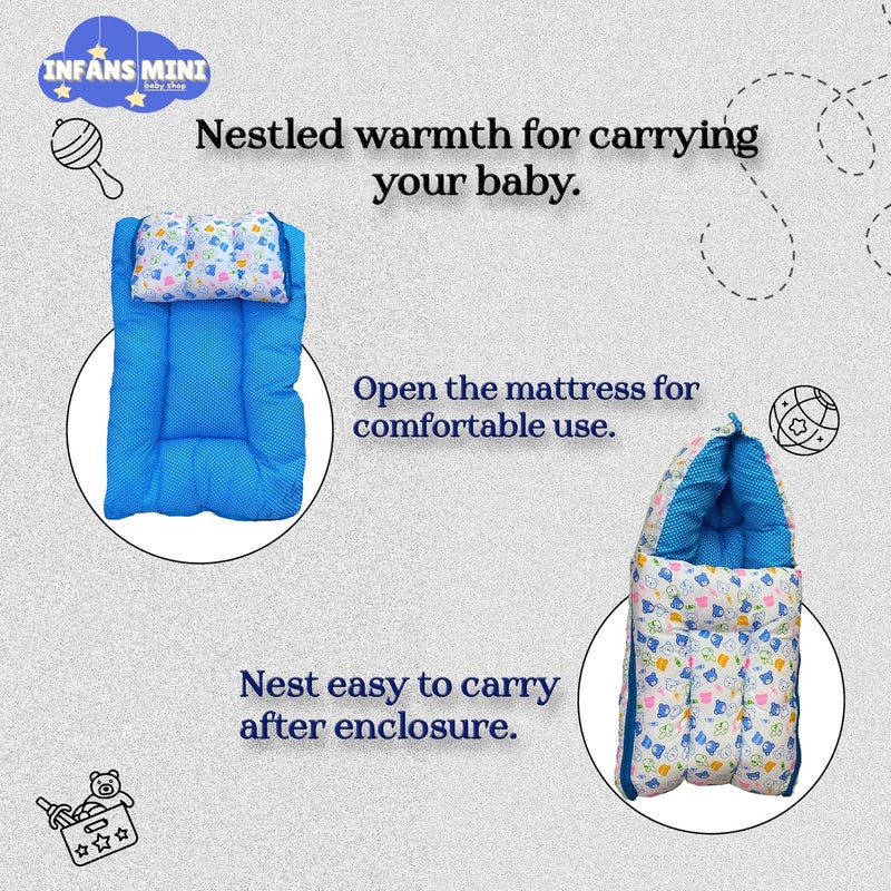 Infans Mini Teddy Mega 3 in 1 Babys Cotton Bed Cum Carry Bed Printed Baby Sleeping BagBaby BedInfant Portable for Unisex Easily PortableLight Weight Carry for New Born 48 Months OldBluishWhite - Image 3
