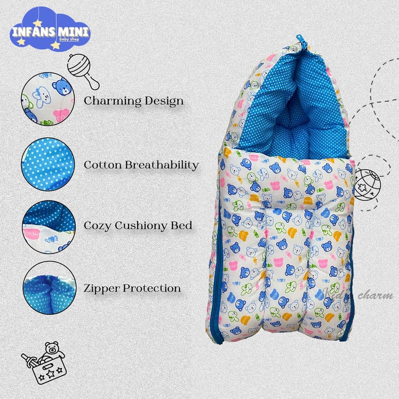 Infans Mini Teddy Mega 3 in 1 Babys Cotton Bed Cum Carry Bed Printed Baby Sleeping BagBaby BedInfant Portable for Unisex Easily PortableLight Weight Carry for New Born 48 Months OldBluishWhite - Image 4