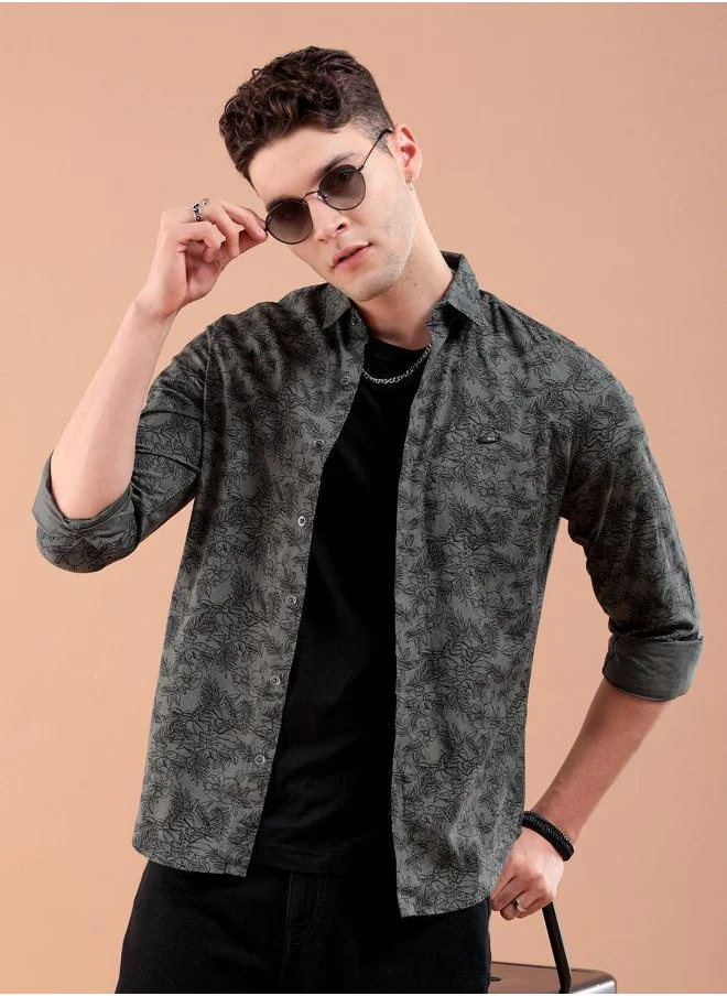 شركة المرآب الهندية Men Slim Fit Graphic Print Full Sleeves Spread Collar Casual Shirt