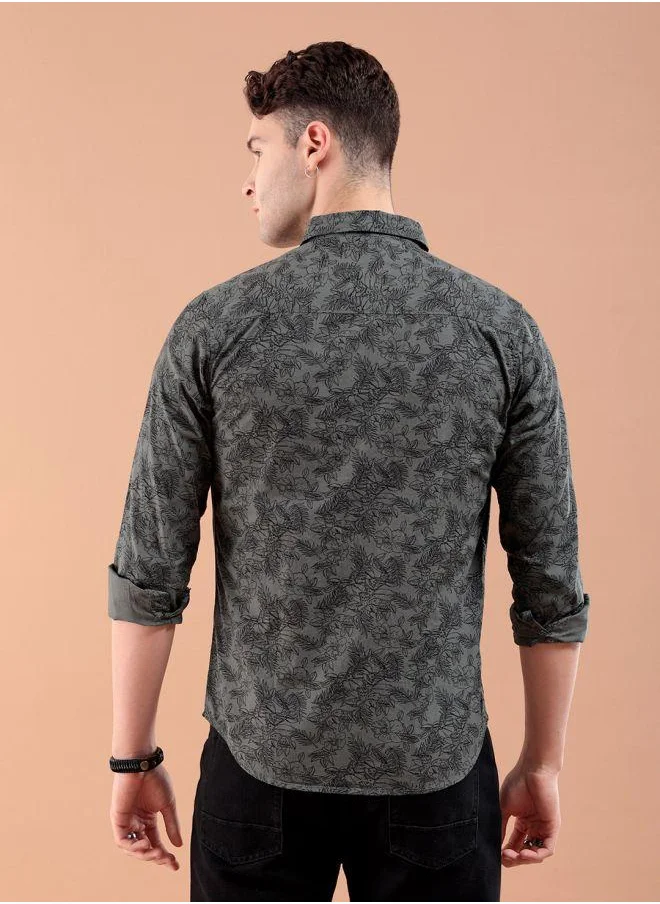 شركة المرآب الهندية Men Slim Fit Graphic Print Full Sleeves Spread Collar Casual Shirt