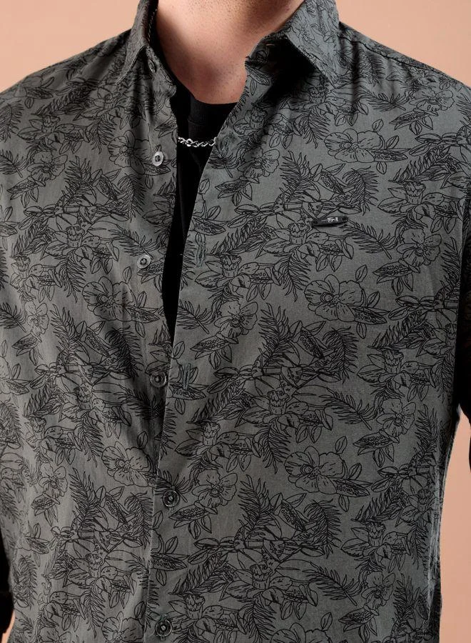 The Indian Garage Co Men Slim Fit Graphic Print Full Sleeves Spread Collar Casual Shirt