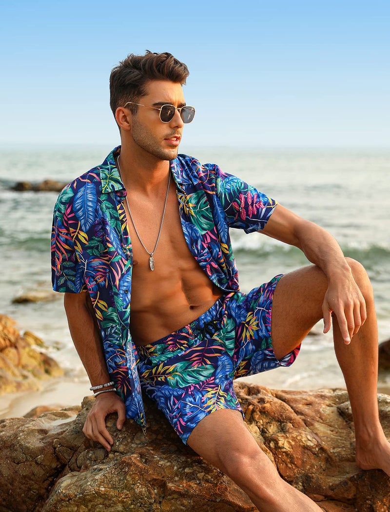 EISHOPEER Men's Hawaiian Shirt and Shorts 2 Piece Outfits Sets Casual Button Down Floral Hawaii Shirts Suits with Bucket Hats 5X-Large - Image 3