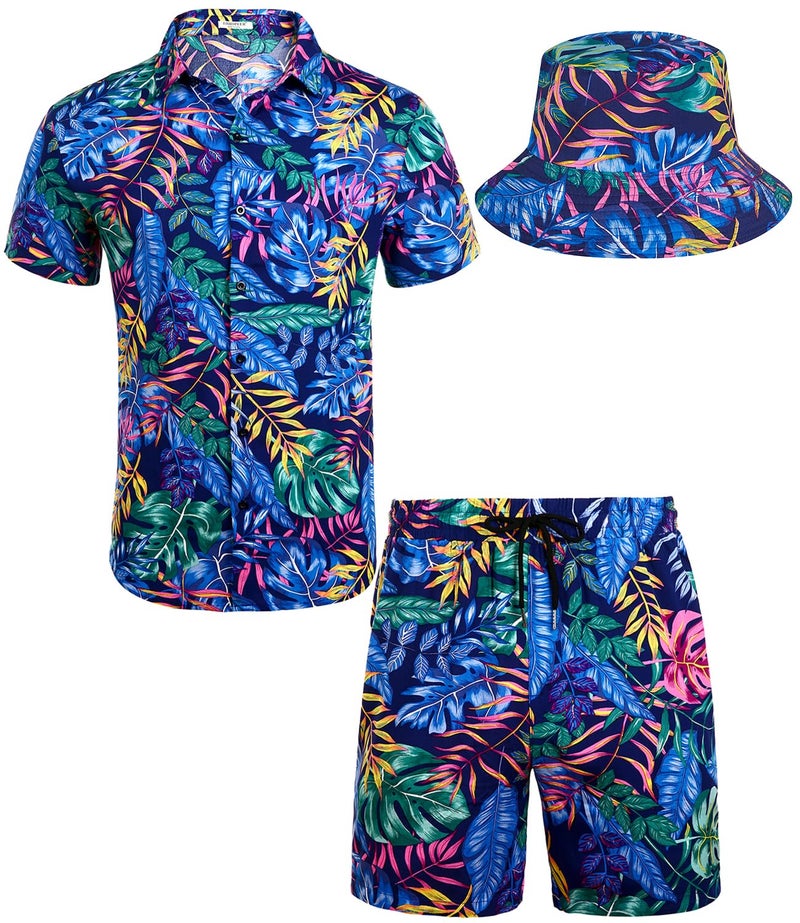 EISHOPEER Men's Hawaiian Shirt and Shorts 2 Piece Outfits Sets Casual Button Down Floral Hawaii Shirts Suits with Bucket Hats 5X-Large - Image 5