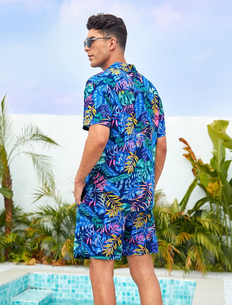 EISHOPEER Men's Hawaiian Shirt and Shorts 2 Piece Outfits Sets Casual Button Down Floral Hawaii Shirts Suits with Bucket Hats 5X-Large - Image 4