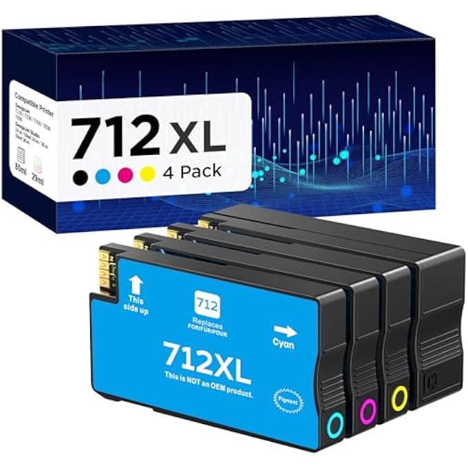 712 712XL HIGH YIELD INK CARTRIDGES REMANUFACTURED REPLACEMENT FOR HP 712 712XL 712 XL FOR DESIGNJET T650 T630 T230 T210 STUDIO PLOTTER PRINTER (4 PACK, 1BK/1C/1M/1Y) - Image 1