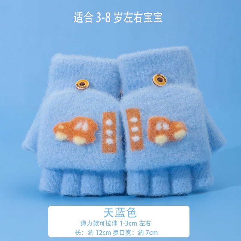 Childrens gloves Boys winter warm half finger flip baby boy student writing open finger half knitted wholesale C3748 Orange - Image 2