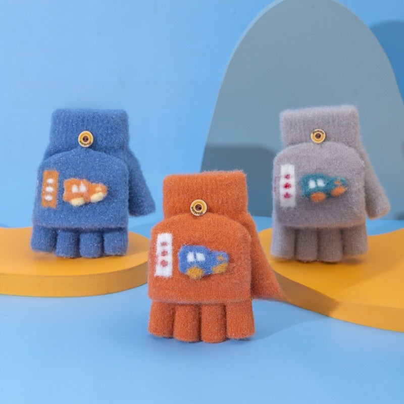 Childrens gloves Boys winter warm half finger flip baby boy student writing open finger half knitted wholesale C3748 Orange - Image 5