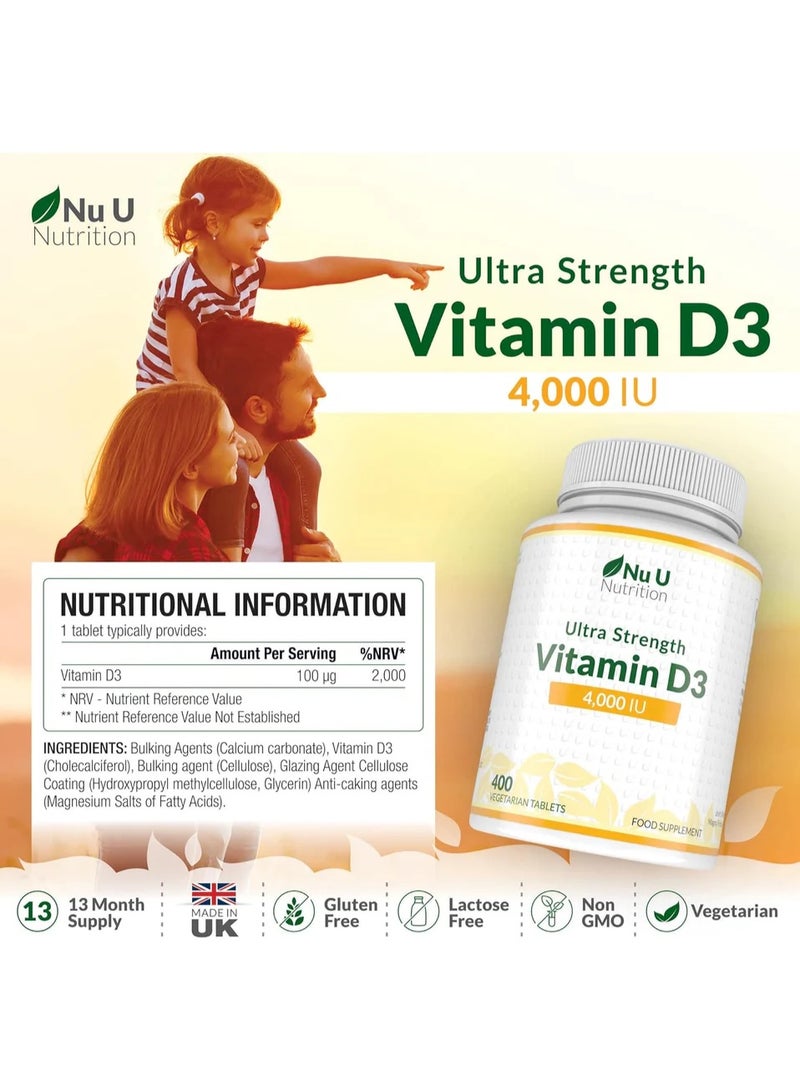 Nu U Nutrition Vitamin D3 4000IU Tablets for Immune Support, Bone Health & Overall Wellbeing - Gluten Free, Vegetarian Friendly, Ideal for Seasonal Supplementation- 400 Tablets - 1 a day - Image 2