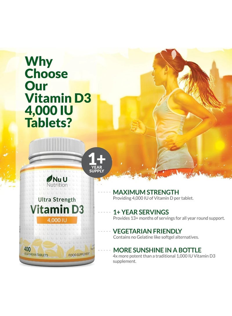 Nu U Nutrition Vitamin D3 4000IU Tablets for Immune Support, Bone Health & Overall Wellbeing - Gluten Free, Vegetarian Friendly, Ideal for Seasonal Supplementation- 400 Tablets - 1 a day - Image 3