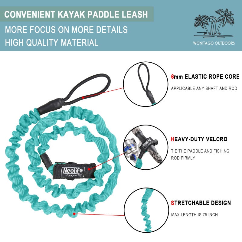 Wonitago Stretchable Kayak Paddle Leash, Coiled Rod Leash Tool Lanyard For Kayak And Sup Paddles, Fishing Poles Rods, Teal 1 Pack - Image 2