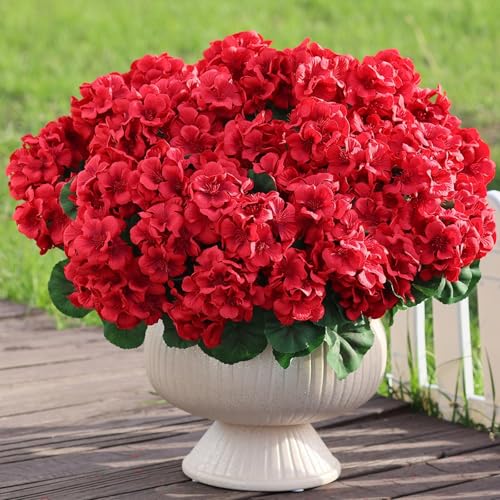 Juxdp 8 Bundles18 Artificial Geranium Flowers for Outdoor Spring Summer DecorationFake Silk Geranium Faux Plants UV Resistant for Front Door Planter Outside Home Garden Balcony Yard Porch Decor Red - Image 1