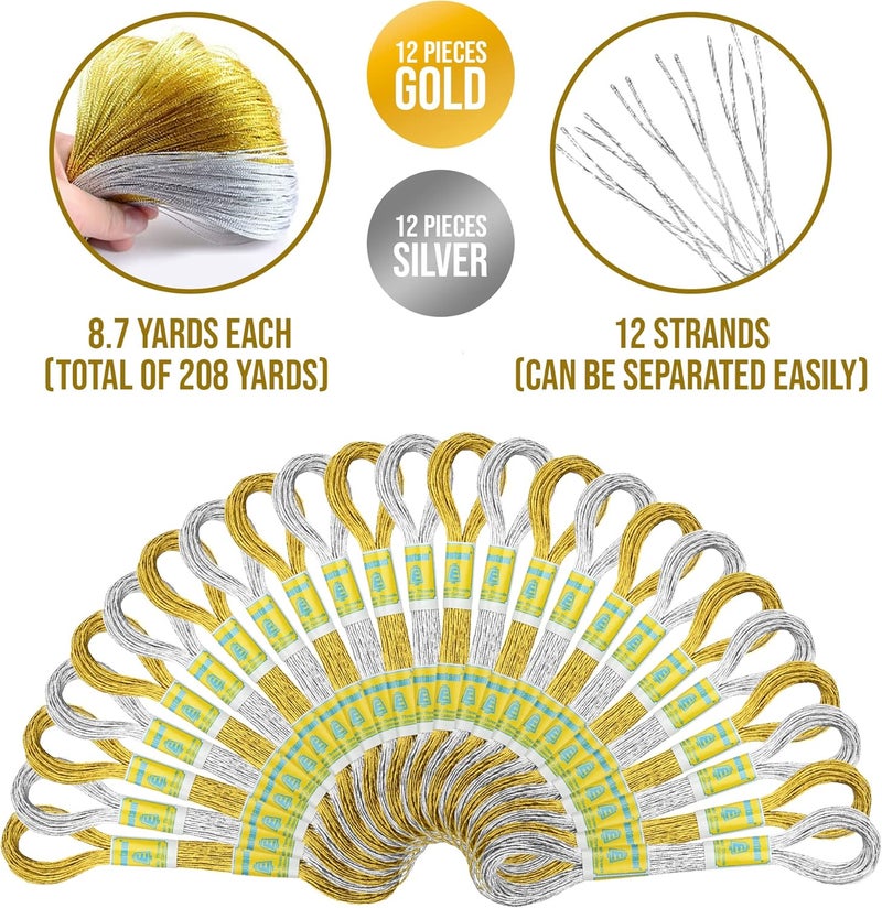 ThreadNanny New ThreadNanny 24 Skeins of 100 Cotton Metallic Thread for Hand Embroidery 12 Gold  12 Silver - Image 3