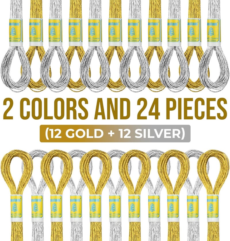ThreadNanny New ThreadNanny 24 Skeins of 100 Cotton Metallic Thread for Hand Embroidery 12 Gold  12 Silver - Image 2