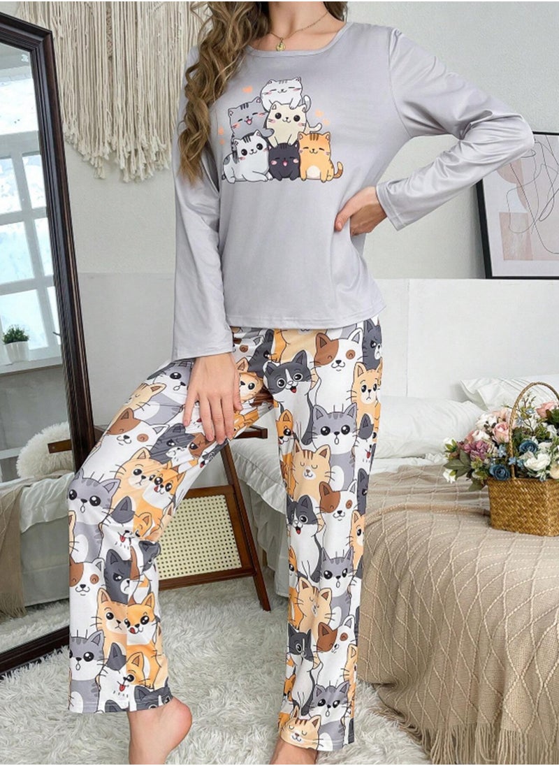 MANIKAN - Women’s Pajama Set with Long Sleeves and Cat Print Pants - Image 1