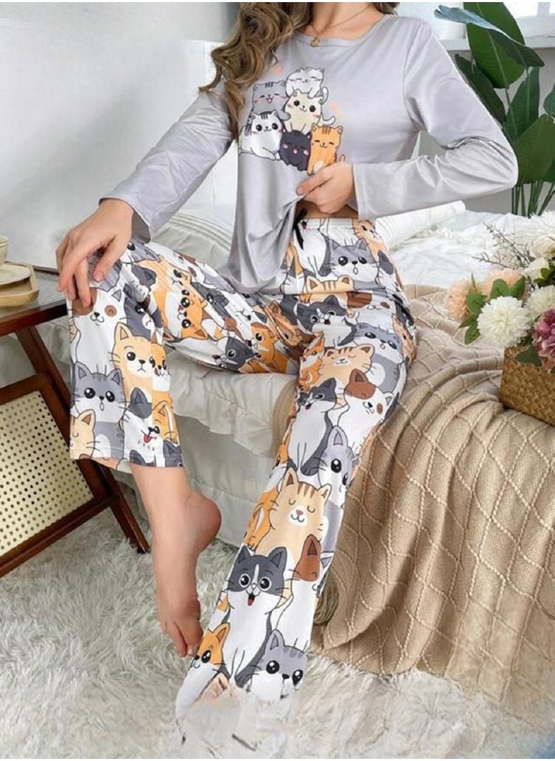 MANIKAN - Women’s Pajama Set with Long Sleeves and Cat Print Pants - Image 1
