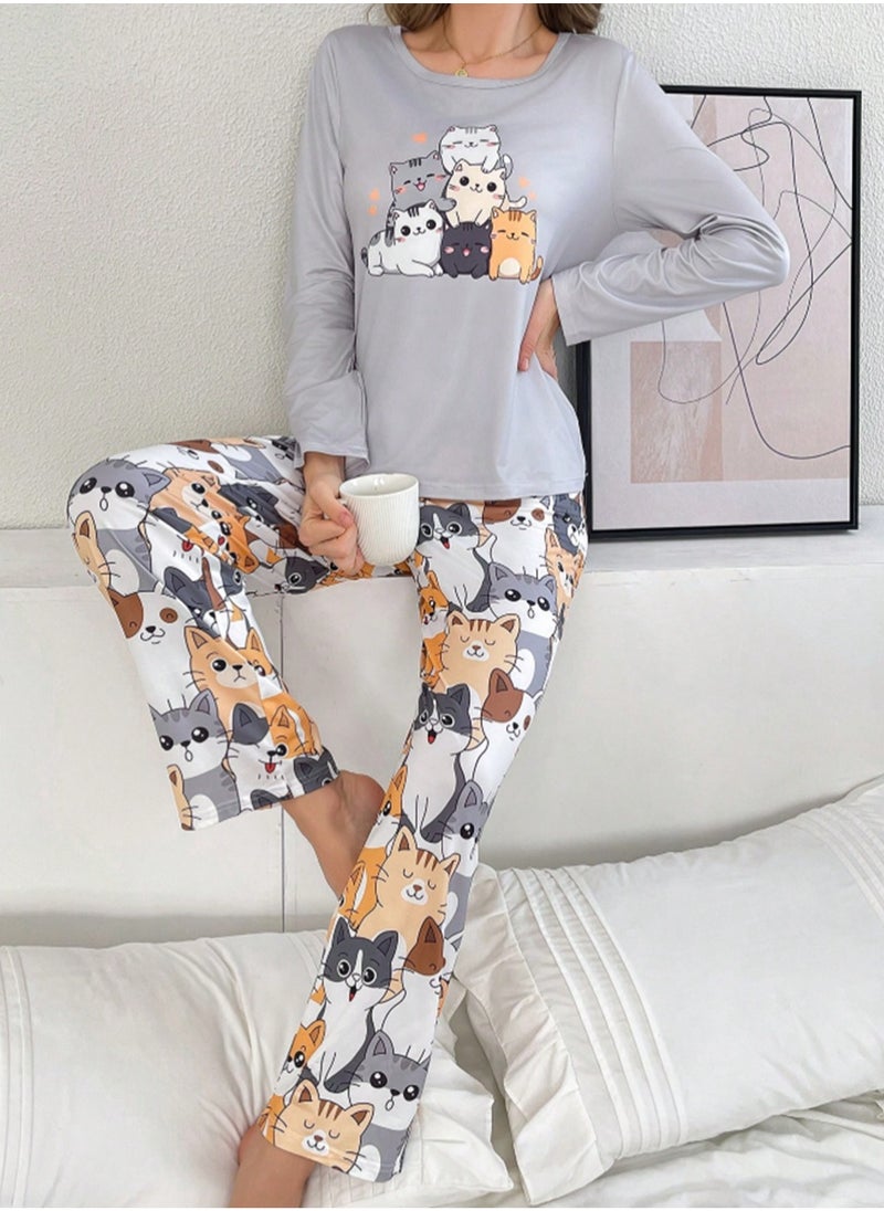 MANIKAN - Women’s Pajama Set with Long Sleeves and Cat Print Pants - Image 1