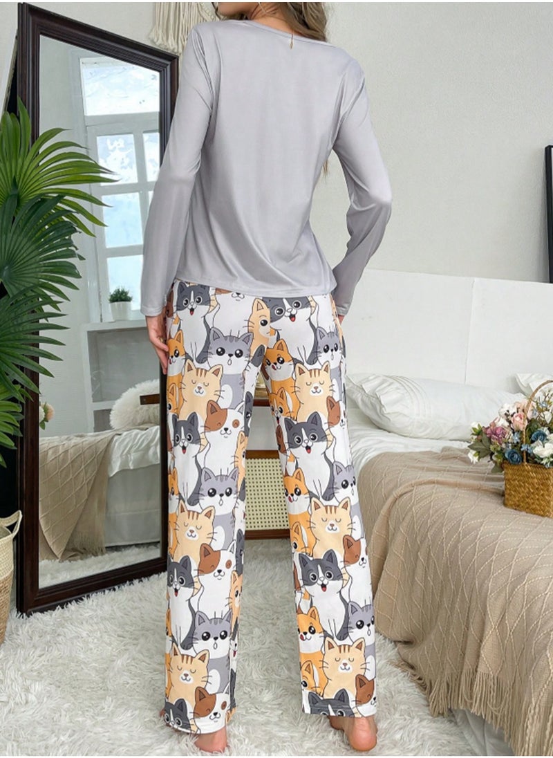 MANIKAN - Women’s Pajama Set with Long Sleeves and Cat Print Pants - Image 1
