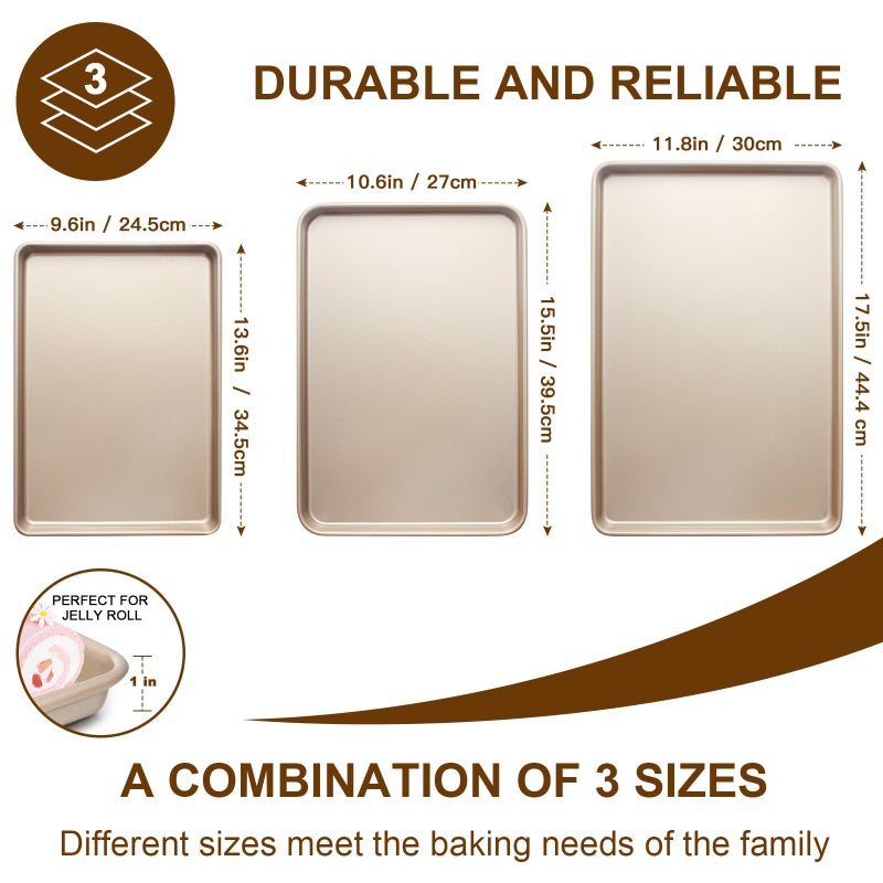 Deedro Baking Sheet Pan Set of 3, Commercial Cookie Sheets for Baking, Nonstick Half/Quarter/Jelly Roll Pans Replacement Toaster Oven Tray, Heavy Duty & Easy Clean, Champagne Gold - Image 3