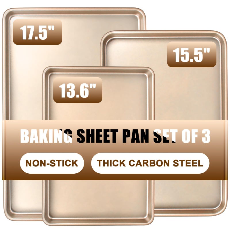 Deedro Baking Sheet Pan Set of 3, Commercial Cookie Sheets for Baking, Nonstick Half/Quarter/Jelly Roll Pans Replacement Toaster Oven Tray, Heavy Duty & Easy Clean, Champagne Gold - Image 1