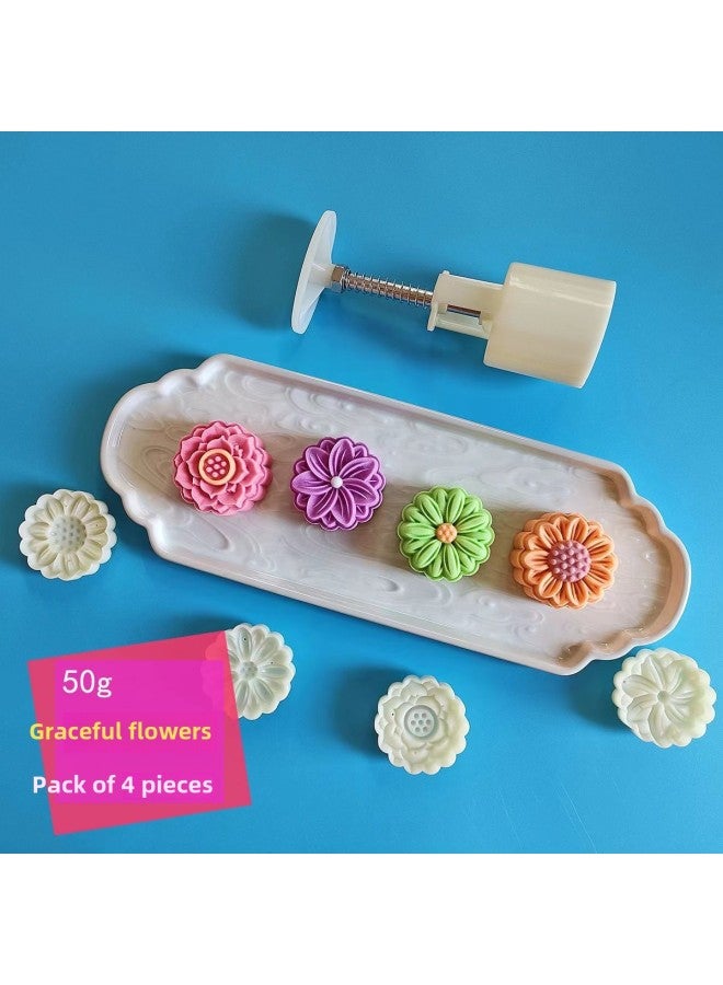 Hand-pressed Mooncake Mold Household Mung Bean Cake Model Printing Set Ice Skin Flow Heart Guofeng Mooncake Mold-Color:❣50 Grams Of Blooming Flowers [4 Pieces In One Mold]  - Image 1