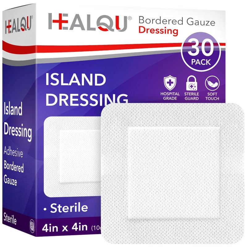 HEALQU Island Dressing - 4"x4", 30 Count - Bordered Gauze Sterile Individually Wrapped Gauze Pads, Water-Resistant, Non-Woven Backing - Soft and Breathable Wound Dressing for First Aid and Medical - Image 1