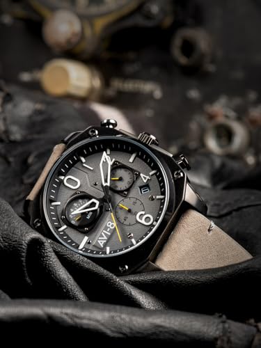 AVI-8 Men's 45mm Hawker Hunter Retrograde Chronograph Sea Gray Watch with Leather Strap AV-4052-03 - Image 2