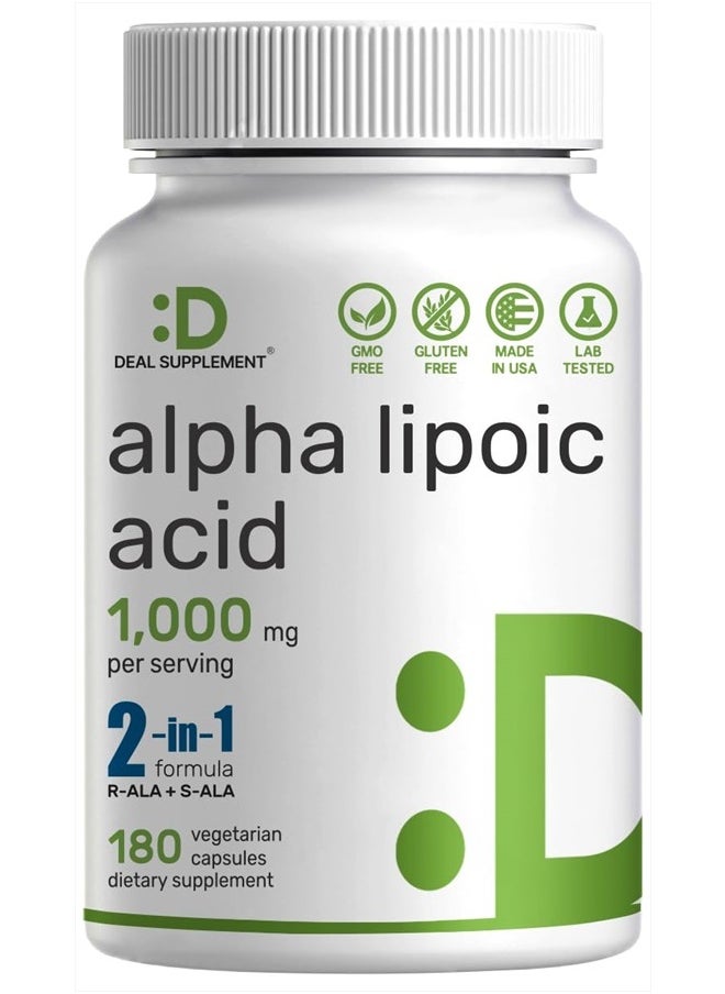 DEAL SUPPLEMENT Alpha Lipoic Acid 1,000mg, 180 Veggie Capsules – 50/50 R-ALA & S-ALA for Max Bioavailability – Antioxidant Supplement – Energy & Nervous System Support – Non-GMO  - Image 1