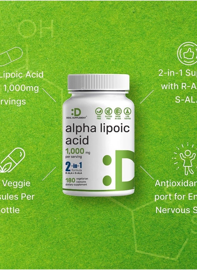 DEAL SUPPLEMENT Alpha Lipoic Acid 1,000mg, 180 Veggie Capsules – 50/50 R-ALA & S-ALA for Max Bioavailability – Antioxidant Supplement – Energy & Nervous System Support – Non-GMO  - Image 4