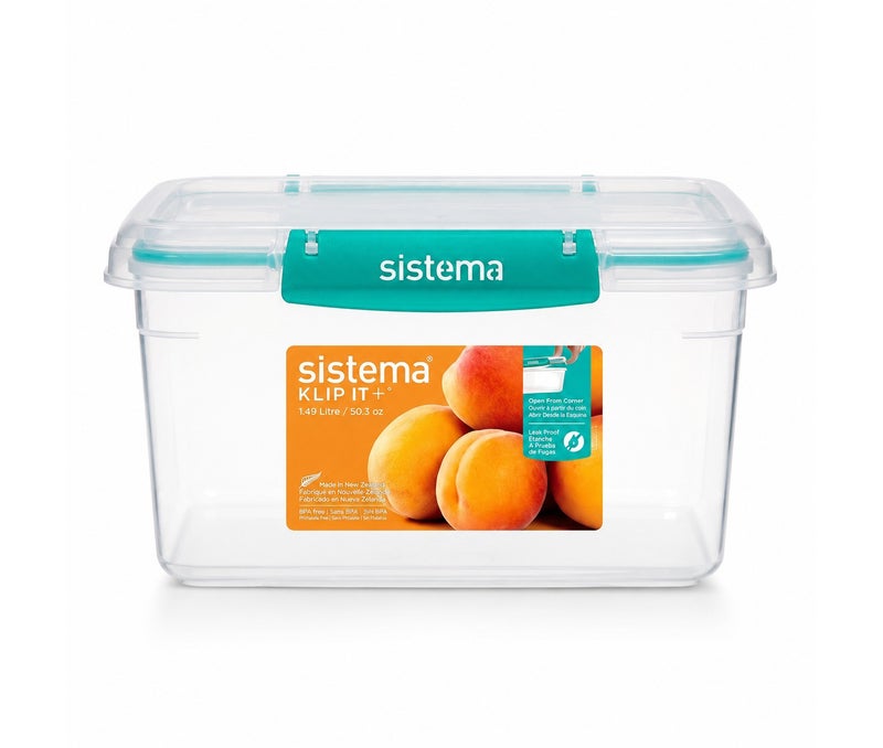 Sistema KLIP IT Plus Rectangular Food Storage Container 1.49L Minty Teal, BPA Free Airtight Kitchen Storage Box for Meal Prep, Leftovers, Pantry Organization & Food Storage, Made in New Zealand - Image 1