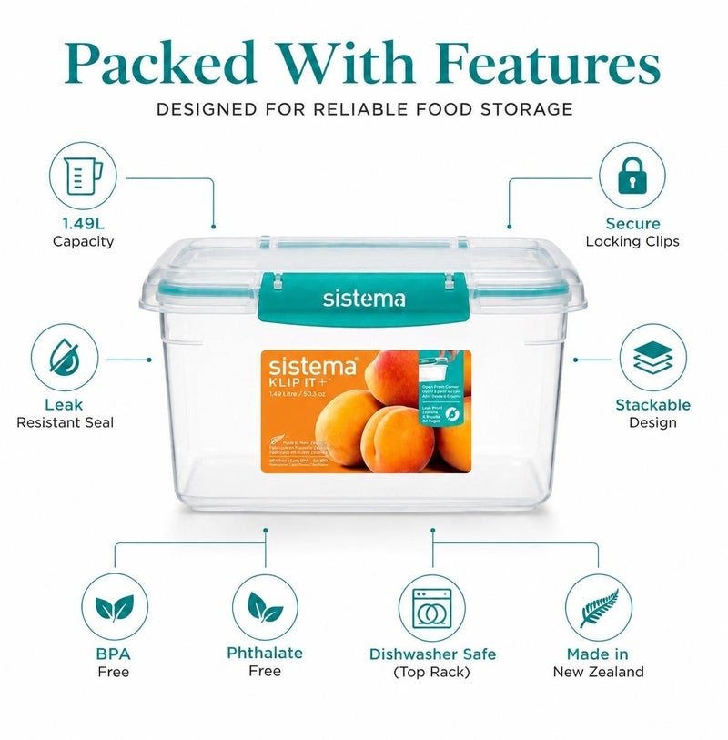 Sistema KLIP IT Plus Rectangular Food Storage Container 1.49L Minty Teal, BPA Free Airtight Kitchen Storage Box for Meal Prep, Leftovers, Pantry Organization & Food Storage, Made in New Zealand - Image 4