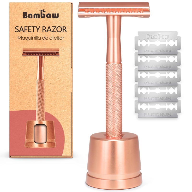 Bambaw Double Edge Safety Razor with Stand, Women Razor with 5 Double Edge Safety Razor Blades, Plastic Free Metal Razor â€“ Rose Gold - Image 1