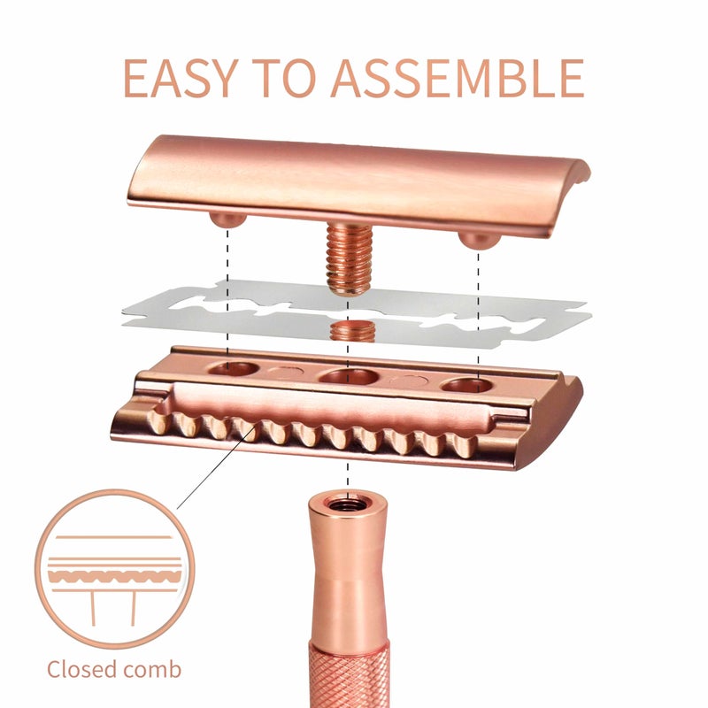 Bambaw Double Edge Safety Razor with Stand, Women Razor with 5 Double Edge Safety Razor Blades, Plastic Free Metal Razor â€“ Rose Gold - Image 3