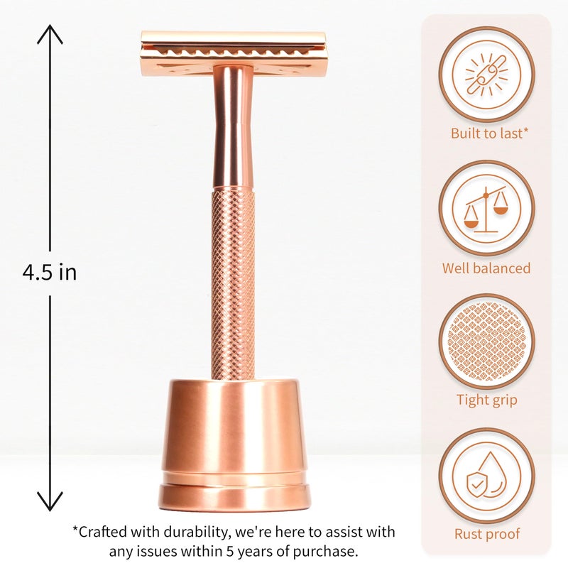 Bambaw Double Edge Safety Razor with Stand, Women Razor with 5 Double Edge Safety Razor Blades, Plastic Free Metal Razor â€“ Rose Gold - Image 2