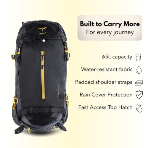 Impulse Inverse 65L Travel bag with Rain Cover | Water Resistant | Padded Adjustable Shoulder Straps & Waist Belt | Ideal for Hiking, Camping & Travel Rucksack Backpack- Black |1 Year Warranty - Image 3