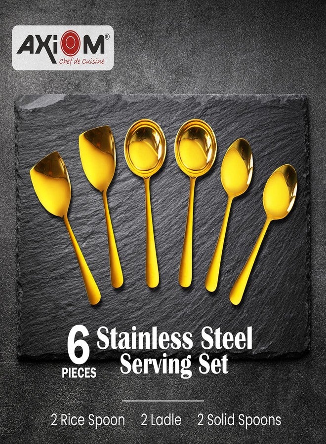 Axiom Stainless Steel Golden Serving Tools Set. 6 Piece Heavy Gauge Non-Stick Set Of 2 Soup Ladle (Karchi), 2 Solid Spoon (Chamcha) & 2 Rice Spoon For Serving Soup/Curry/Dal/Rice. Gold - 23 Cm - Image 2