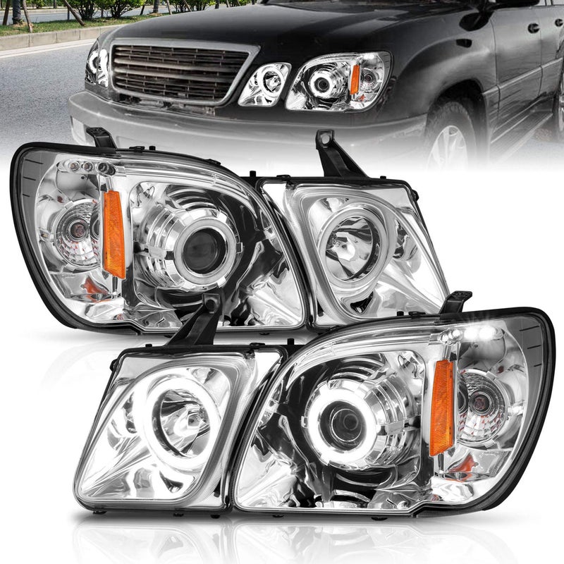 AmeriLite Chrome Projector Headlights with Ultra Bright LED Halo for Lexus LX470 - Driver and Passenger Side