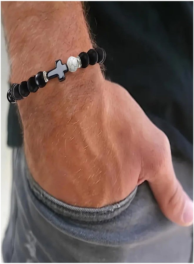 Ervio Couple Bracelets with Cross Charm | Black & White Beaded Stretch Faith Bracelet Set | Christian Jewelry for Men & Women | Matching Unisex Spiritual Wristbands for Couples - Image 5