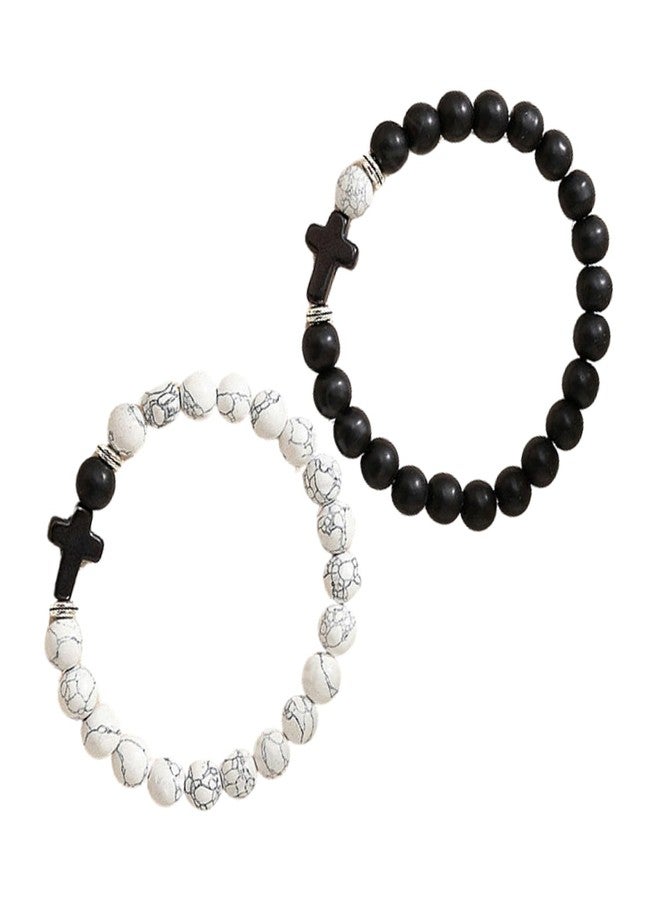 Ervio Couple Bracelets with Cross Charm | Black & White Beaded Stretch Faith Bracelet Set | Christian Jewelry for Men & Women | Matching Unisex Spiritual Wristbands for Couples - Image 2