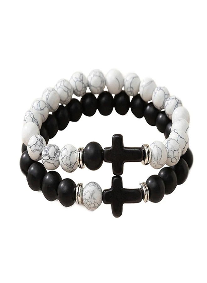 Ervio Couple Bracelets with Cross Charm | Black & White Beaded Stretch Faith Bracelet Set | Christian Jewelry for Men & Women | Matching Unisex Spiritual Wristbands for Couples - Image 1