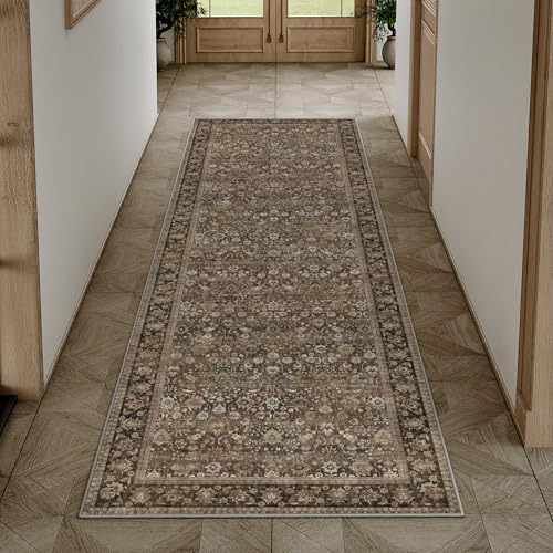 HUGEAR 2x6 Runner Rug Machine Washable Brown Hallway Area Rugs Indoor Accent Rugs Floral Low Pile Carpet Distressed Throw Rug Bedroom Living Room Office Dining Kitchen Laundry Non Slip - Image 4