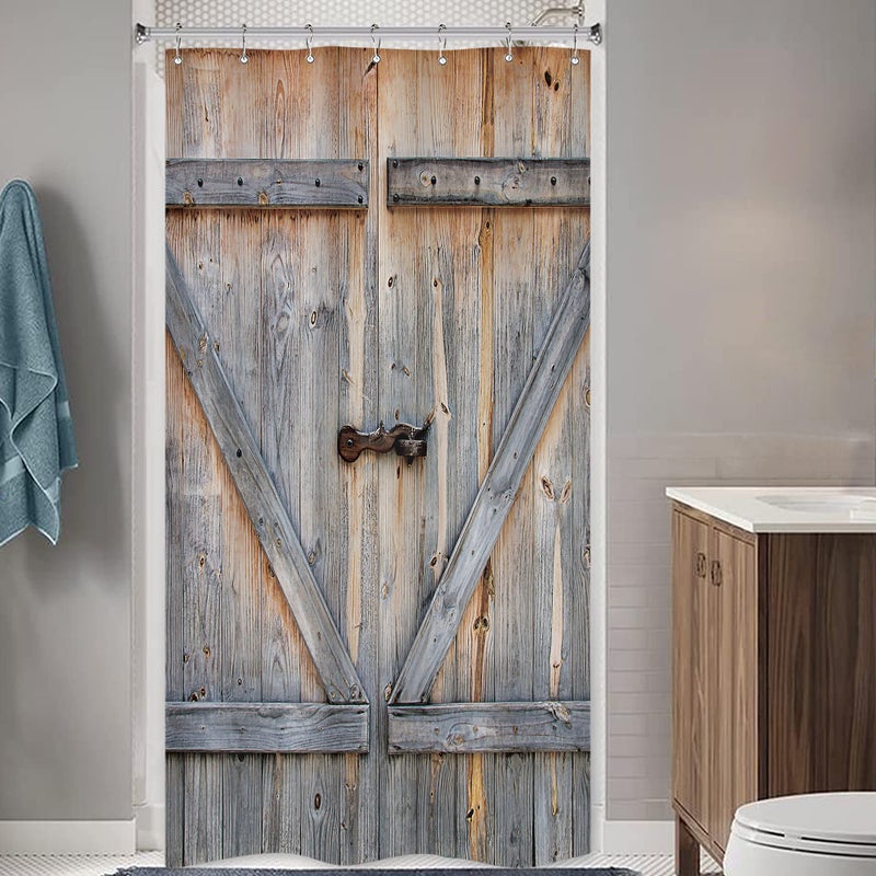 Riyidecor Rustic Small Stall Barn Door Shower Curtain 39Wx72H Farmhouse Wooden Vintage Wood Plank Country Old Garage Barn Wood RV Camper Decor Fabric Polyester Waterproof 7 Pack Plastic Hooks