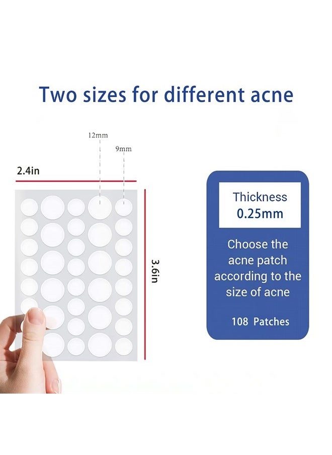 Acne Patches Absorbing Pimple Patches Invisible Spot Stickers Translucent Hydrocolloid Spot Patches, Facial Treatment, Fast Healing, Two Sizes(108 Patches)