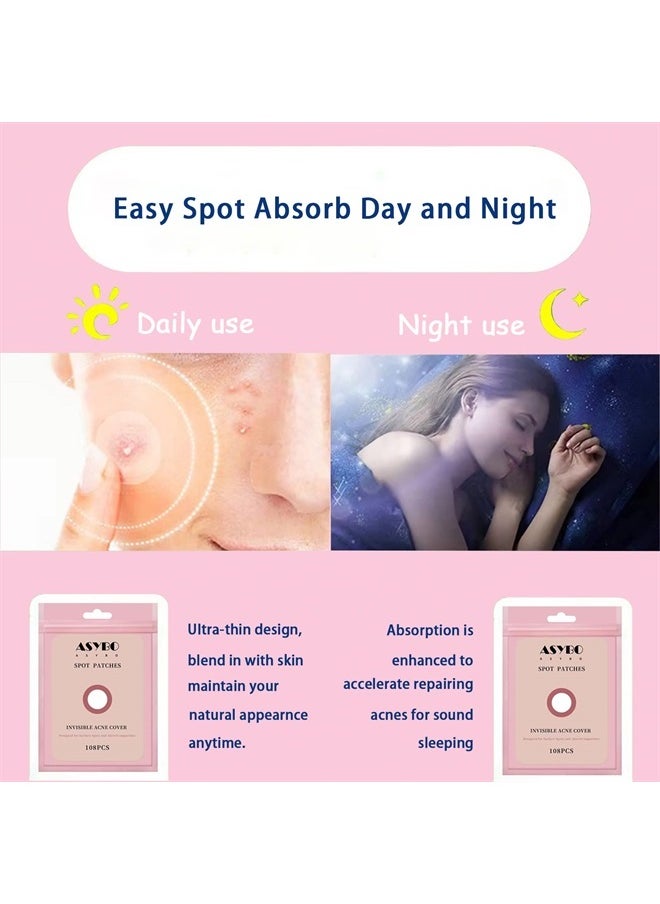 Acne Patches Absorbing Pimple Patches Invisible Spot Stickers Translucent Hydrocolloid Spot Patches, Facial Treatment, Fast Healing, Two Sizes(108 Patches)