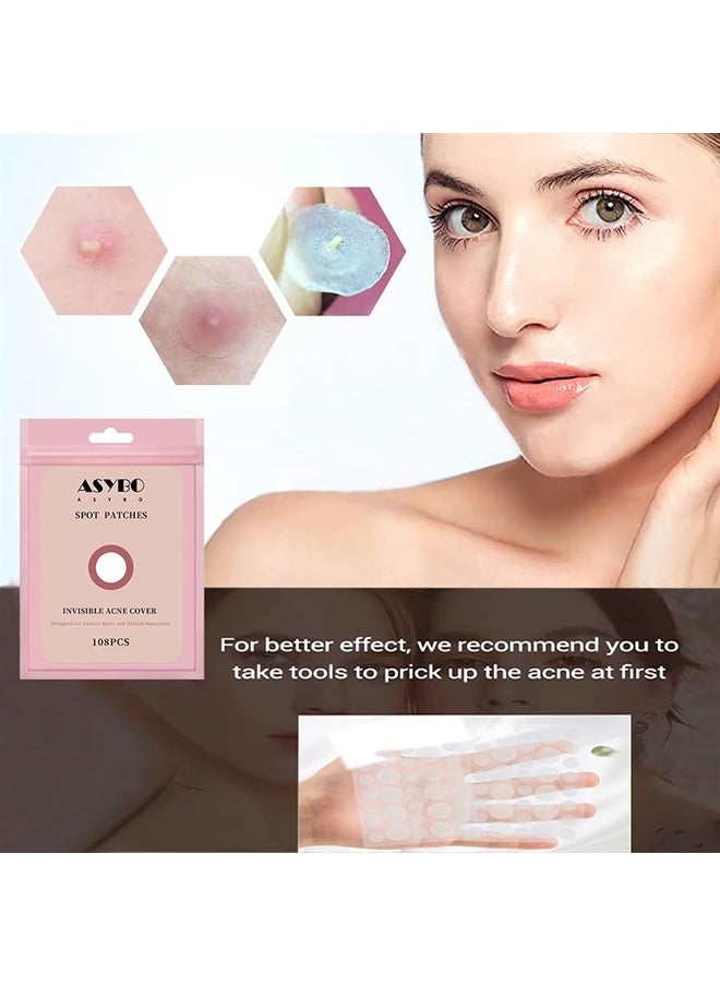 Acne Patches Absorbing Pimple Patches Invisible Spot Stickers Translucent Hydrocolloid Spot Patches, Facial Treatment, Fast Healing, Two Sizes(108 Patches)