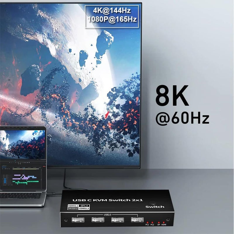Tobo USB C KVM Switch 8K@60Hz 4K@120Hz, 2 Port Type C KVM Switch for 2 Computers Share 1 Monitor, USB C KCM with 4 USB 2.0 Ports & 100W Power Delivery, 2 USB-C Cables Included TD-1020H. - Image 5